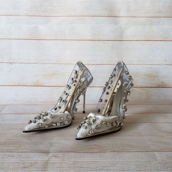 Good American Jeweled Emma Gem Pointy Toe Translucent Stiletto Heels Pumps - Picture 7 of 16